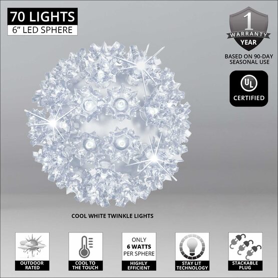 6" Light Sphere, 70 Twinkle Cool White LED Lights
