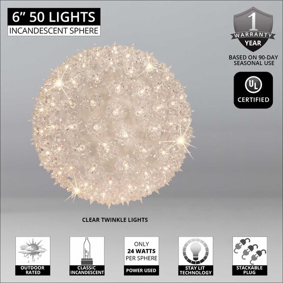 6" Light Sphere, 50 Twinkle Clear Lights