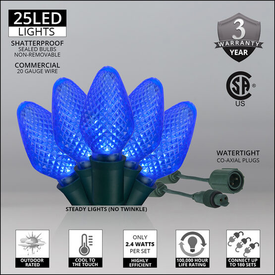 C7 Commercial LED String Lights, Blue, Green Wire