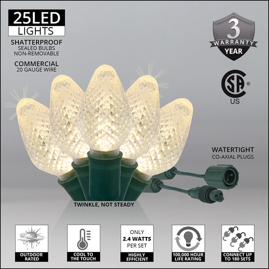 C7 Commercial LED String Lights, Warm White Twinkle, Green Wire