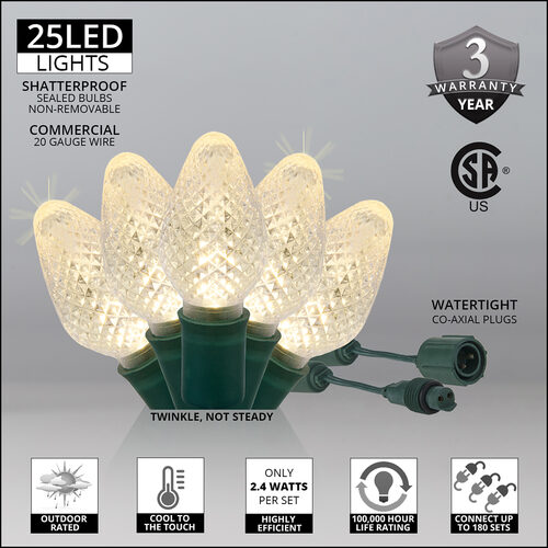 C7 Commercial LED String Lights, Warm White Twinkle, Green Wire