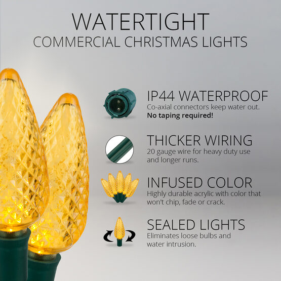 C9 Commercial LED String Lights, Gold, Green Wire