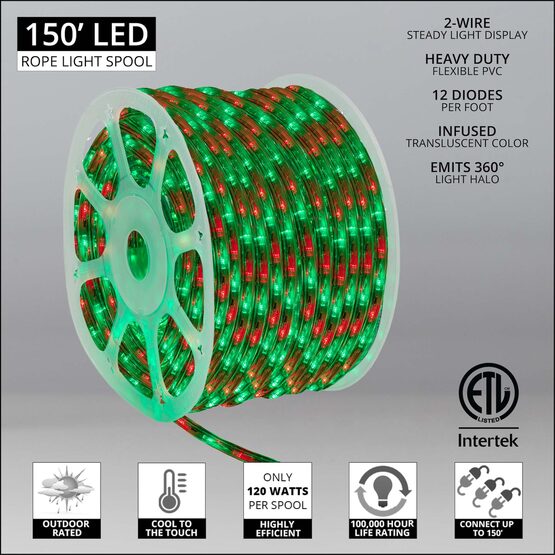 150' Red, Green LED Rope Light, 120 Volt, 1/2"