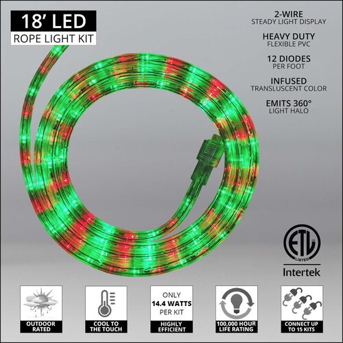 18' Red, Green LED Rope Light, 2 Wire 1/2", 120 Volt Yard Envy