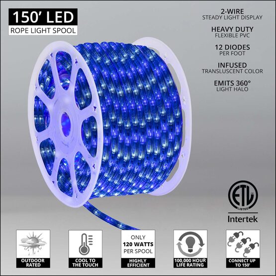 150' Blue, Cool White LED Rope Light, 120 Volt, 1/2"