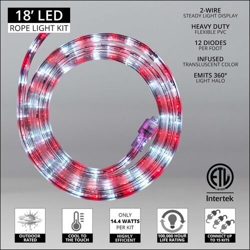 18' Red, Cool White LED Rope Light, 2 Wire 1/2", 120 Volt Yard Envy