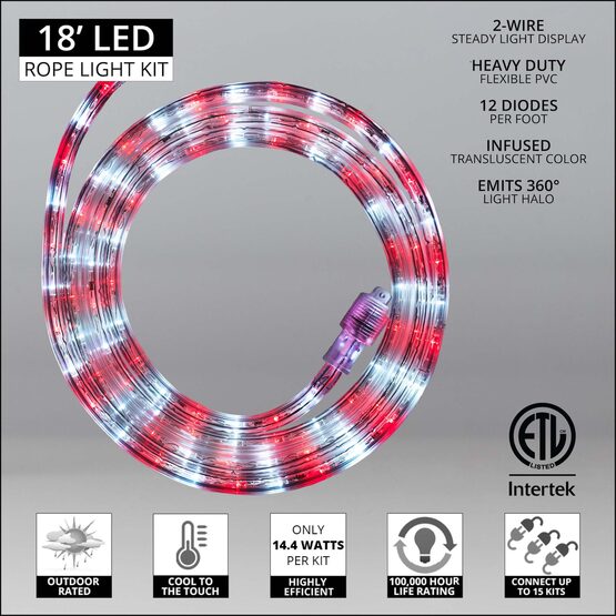 18' Red, Cool White LED Rope Light, 120 Volt, 1/2"