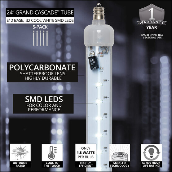 24" T8 120V Grand Cascade SMD LED Light Tubes, Cool White Patio Lights