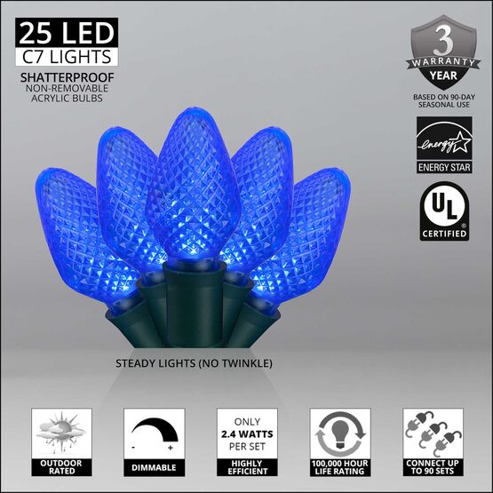 17' C7 LED String Lights, Blue, Green Wire
