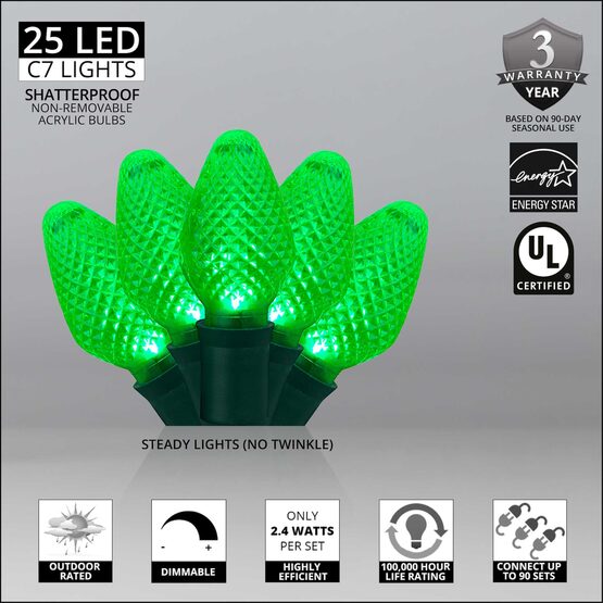 17' C7 LED String Lights, Green, Green Wire