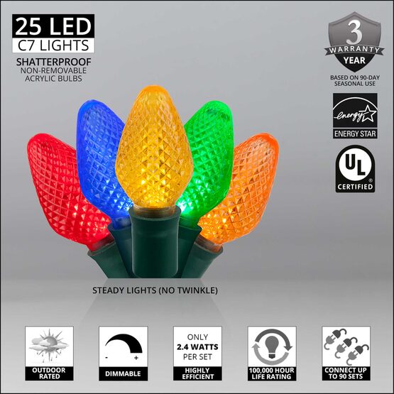 17' C7 LED String Lights, Multicolor, Green Wire