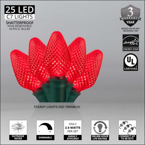 17' C7 LED String Lights, Red, Green Wire