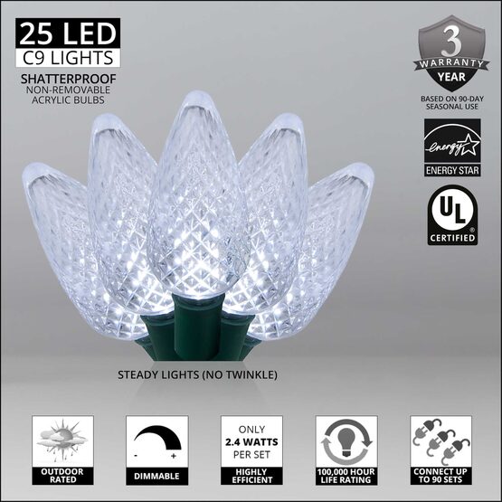 17' C9 LED String Lights, Cool White, Green Wire