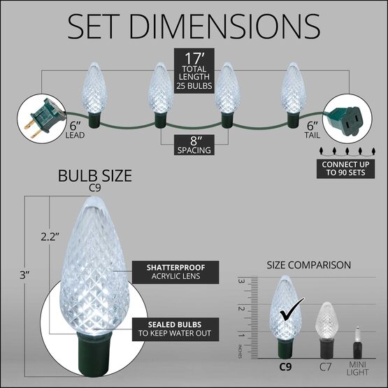 17' C9 LED String Lights, Cool White, Green Wire