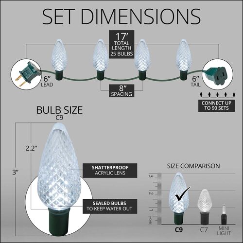 17' C9 LED String Lights, Cool White, Green Wire