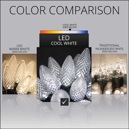 17' C9 LED String Lights, Cool White, Green Wire