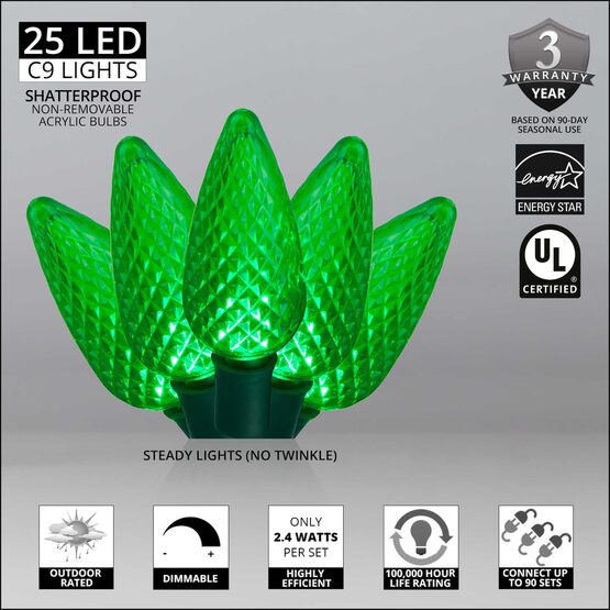17' C9 LED String Lights, Green, Green Wire