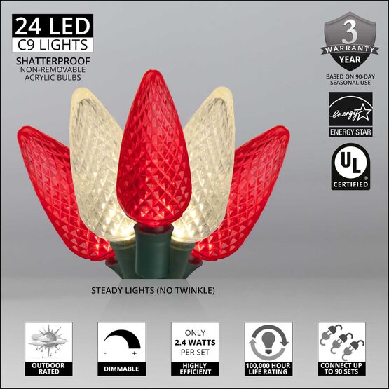 16' C9 LED String Lights, Red, Warm White, Green Wire