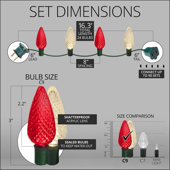 16' C9 LED String Lights, Red, Warm White, Green Wire