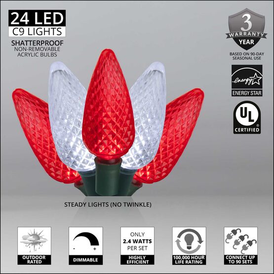 16' C9 LED String Lights, Red, Cool White, Green Wire