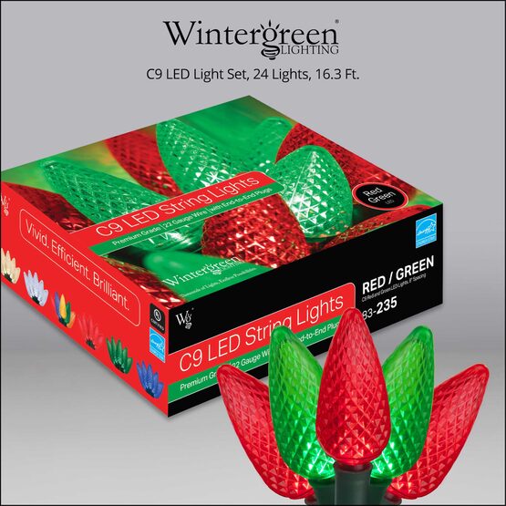 16' C9 LED String Lights, Red, Green, Green Wire