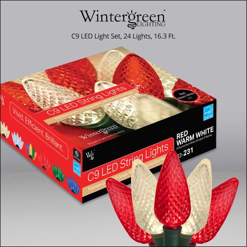 16' C9 LED String Lights, Red, Warm White, Green Wire