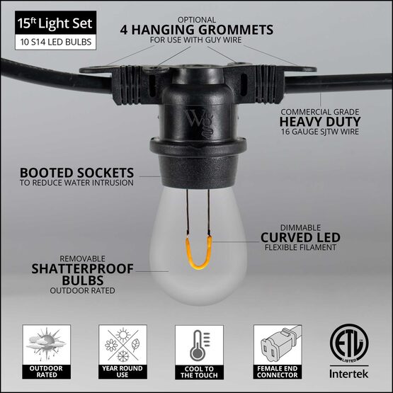 15' Commercial Patio String Light Set, 10 Warm White S14 FlexFilament TM LED Shatterproof Bulbs, Black Wire