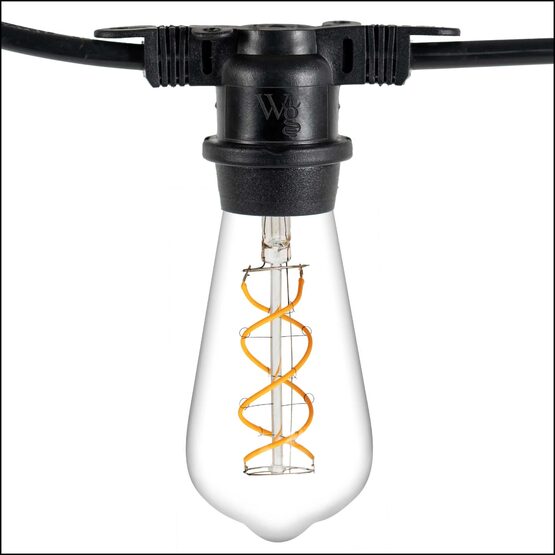 15' Commercial Patio String Light Set, 10 Warm White ST64 FlexFilament TM LED Glass Bulbs, Black Wire