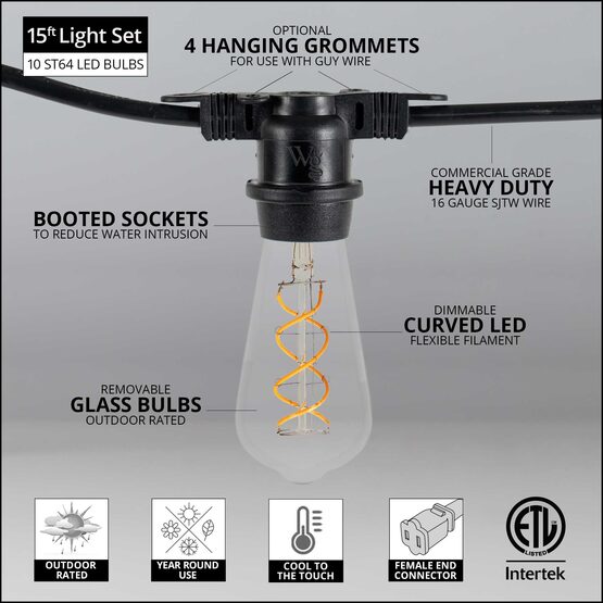 15' Commercial Patio String Light Set, 10 Warm White ST64 FlexFilament TM LED Glass Bulbs, Black Wire