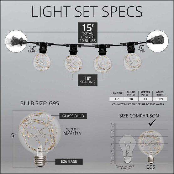 15' Commercial Patio String Light Set, 10 Warm White G95 LEDimagine TM Fairy Light Bulbs, Black Wire