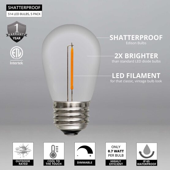 S14 120V Dimmable Shatterproof Vintage Filament LED Light Bulb, Warm White, 5-Pack