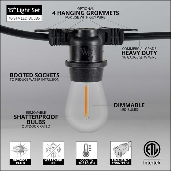 15' Commercial Patio String Light Set, 10 Warm White S14 Vintage Filament LED Shatterproof Bulbs, Black Wire