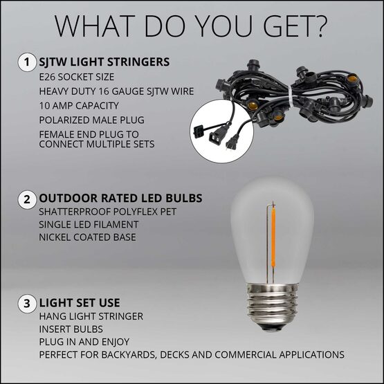 15' Commercial Patio String Light Set, 10 Warm White S14 Vintage Filament LED Shatterproof Bulbs, Black Wire