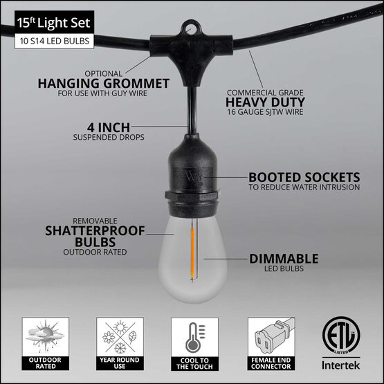 15' Commercial Patio String Light Set, 10 Warm White S14 Vintage Filament LED Shatterproof Bulbs, Suspended, Black Wire