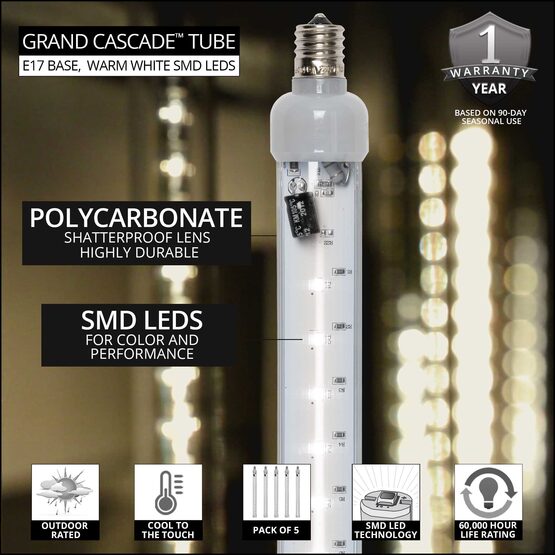 24" T8 120V Grand Cascade SMD LED Light Tubes, Warm White, E17 Patio Lights