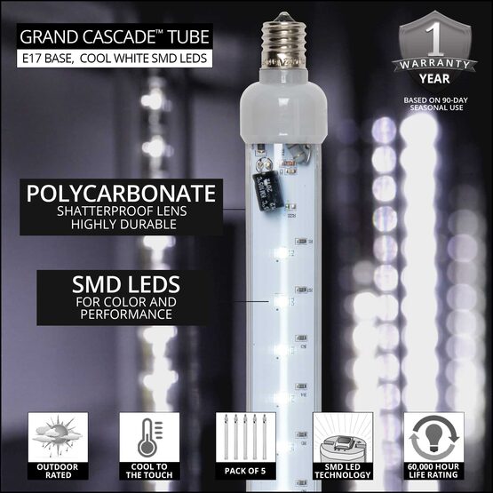 12" T8 120V Grand Cascade LED Light Tubes, Cool White, E17 Patio Lights