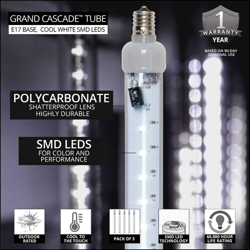 12" T8 120V Grand Cascade LED Light Tubes, Cool White, E17 Patio Lights