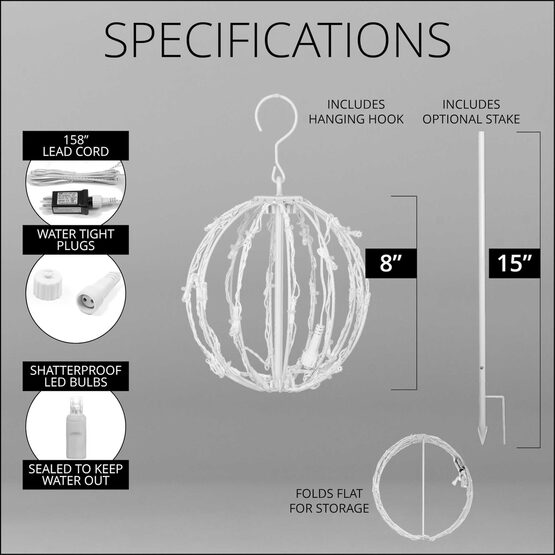 8" Light Ball, Fold Flat White Frame, Green LED