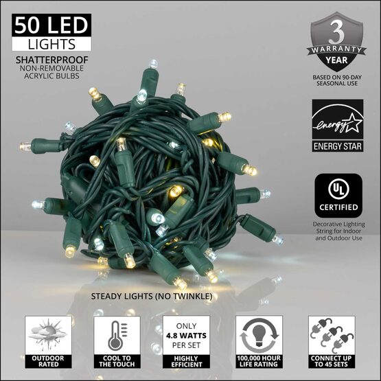 26' Wide Angle LED Mini Lights, Cool White, Warm White, Green Wire