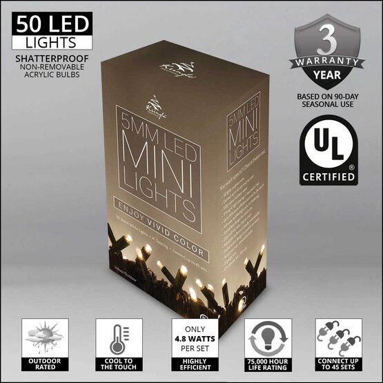 White LED Christmas Lights, 50 ct, 5MM Mini , Outdoor, Warm White