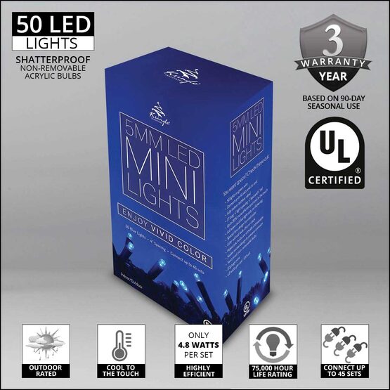 Blue LED Christmas Lights, 50 ct, 5MM Mini