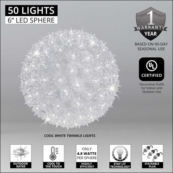 6" Light Sphere, 50 Twinkle Cool White T5 LED Lights