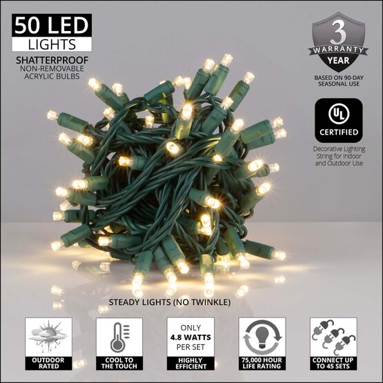 Warm White Outdoor LED String Lights, 50 ct, 6" Spacing, 5MM, Contractor Pack