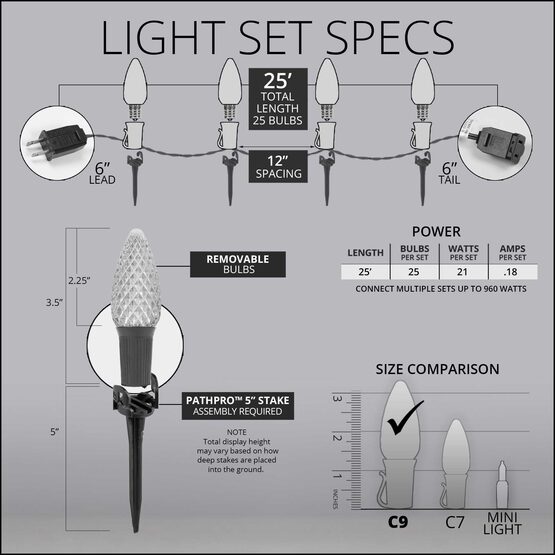 OptiCore C9 LED Walkway Lights, Green, 4.5" Stakes, 25'