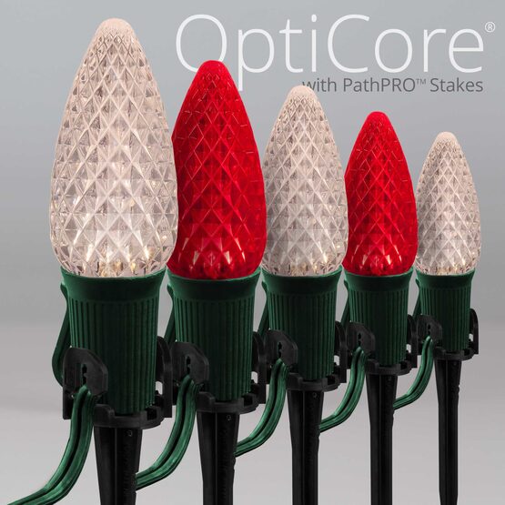 OptiCore C9 LED Walkway Lights, Red / Warm White, 50', 5" PathPRO Stakes