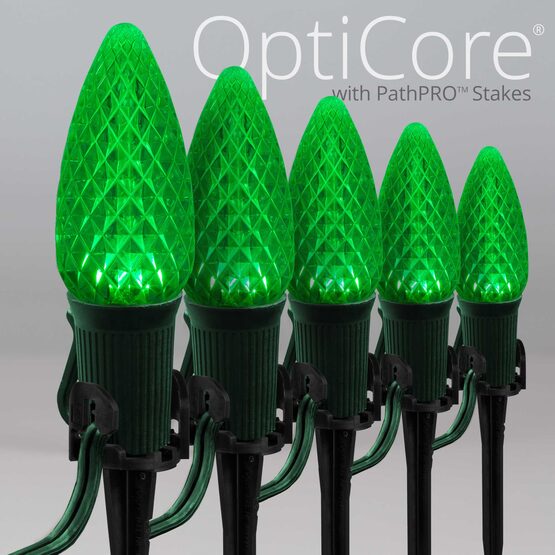 OptiCore C9 LED Walkway Lights, Green, 4.5" Stakes, 25'