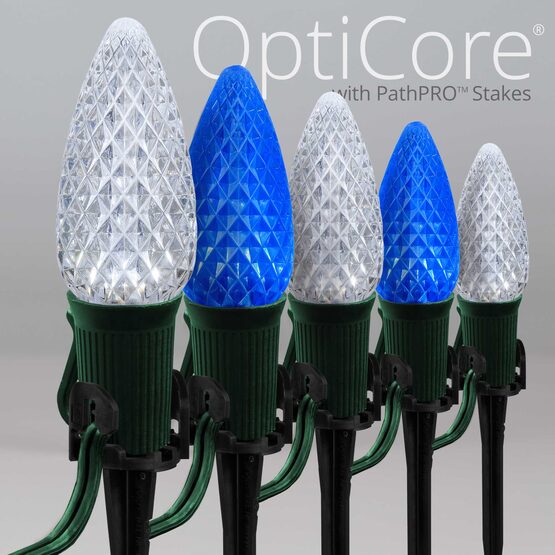 OptiCore C9 LED Walkway Lights, Blue / Cool White, 50', 5" PathPRO Stakes