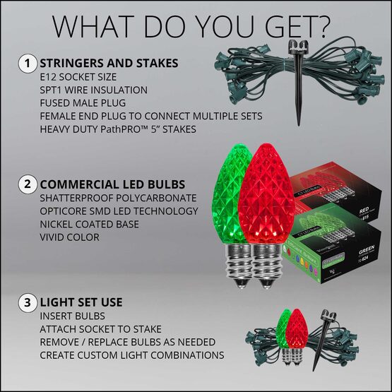 OptiCore C7 LED Walkway Lights, Green / Red, 50', 5" PathPRO Stakes