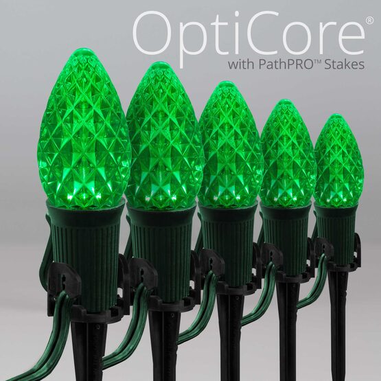 OptiCore C7 LED Walkway Lights, Green, 4.5" Stakes, 25'