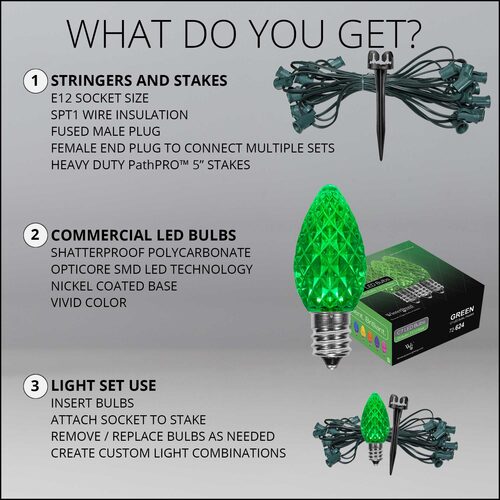 OptiCore C7 LED Walkway Lights, Green, 25', 5" PathPRO Stakes